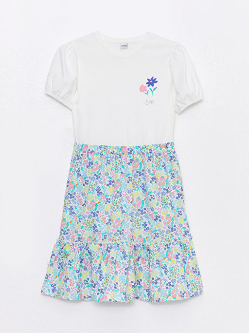 Bisiklet Yaka Bask?l? K?sa Kollu K?z ?ocuk Elbise