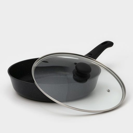 Сковорода Доляна «Элит», d=28 см, пластиковая ручка, стеклянная крышка, антипригарное покрытие, цвет чёрный