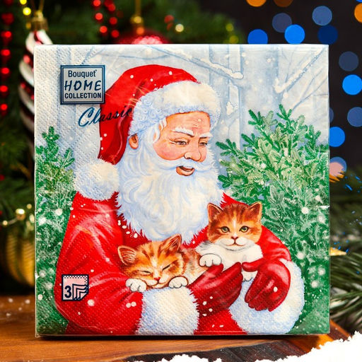 Цена за 2 шт. Салфетки новогодние бумажные Home Collection «Дед Мороз и котята», 3 слоя, 33х33 см, 20 шт