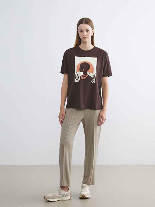 Bisiklet Yaka Bask?l? Oversize Kad?n Ti??rt