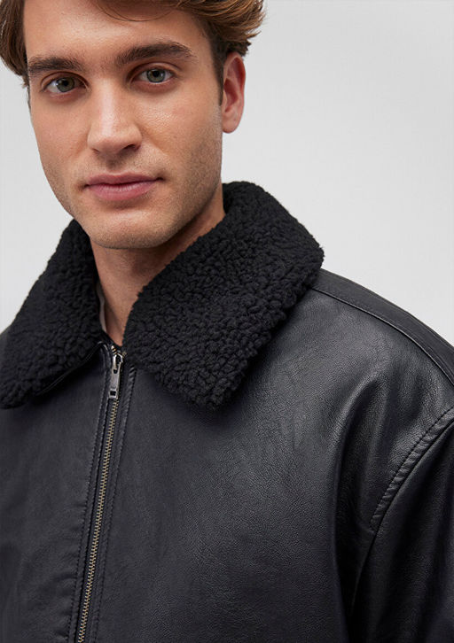 Suni Kurk Detayl? Siyah Suni Deri Ceket - Mavi фото 5