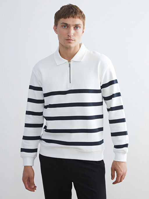 Polo Yaka Uzun Kollu ?izgili Erkek Sweatshirt
