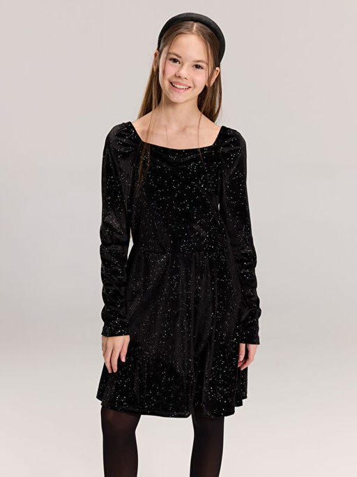 Kare Yaka Kadife K?z ?ocuk Elbise