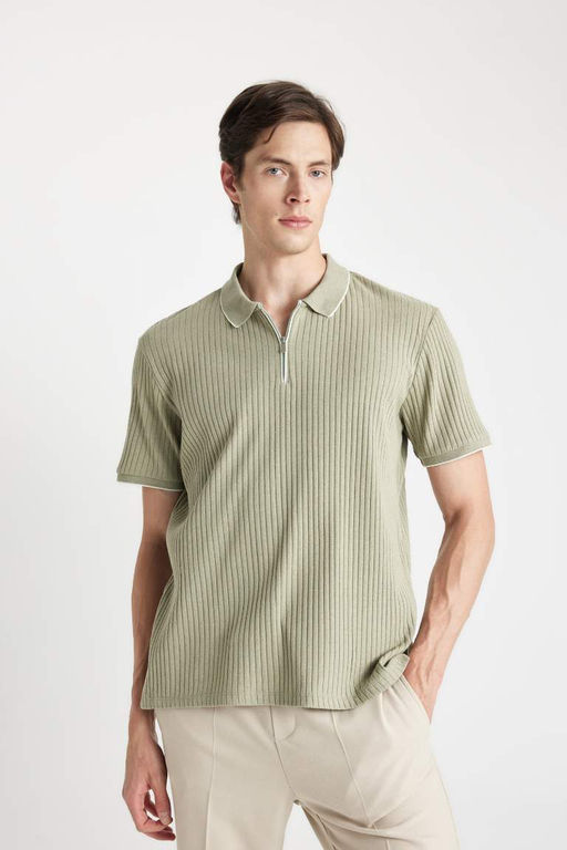 Футболка-поло с короткими рукавами и застежкой-молнией Slim Fit - Defacto фото 4