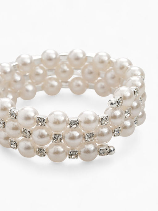 Браслет с жемчугом «Жемчужный ряд» 3 ряда, бусина №8, d=6.5 белый в серебре