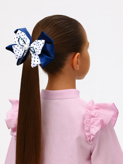 Цена за 6 шт. Бант для волос на резинке «Школьница», цветок и горошек, 13 см, сине-белый