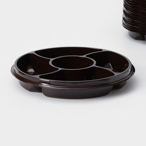 Цена за 110 шт. Менажница одноразовая, пластик, d=26 см, h=4.2 см, 5 секций, дно, круглая, коричневая