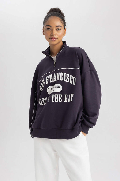 DeFactoFit Толстовка Oversize с высоким воротником и молнией с принтом фото 4