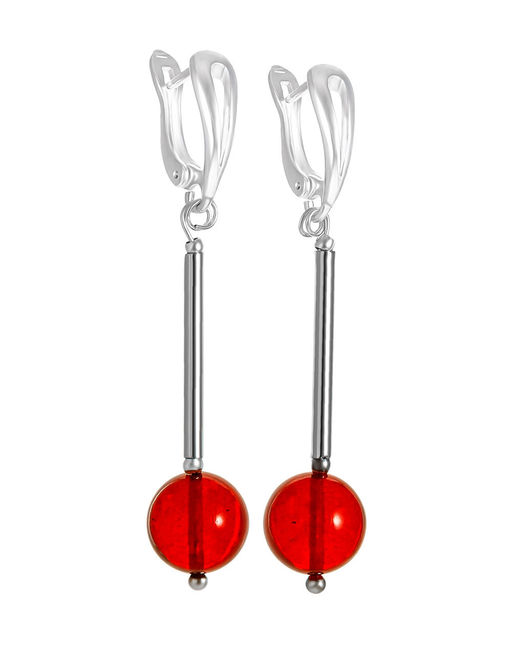 Длинные серьги с ярко-алым янтарным шариком