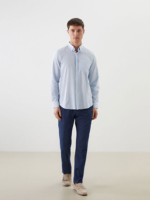 Regular Fit Uzun Kollu Keten Kar???ml? Erkek G?mlek