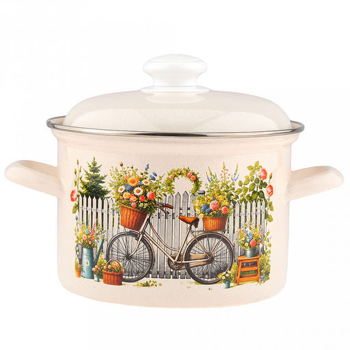 "Романтика" Кастрюля эмалированная 3,0л, форма цилиндрическая, металлическая крышка с пластмассовой ручкой-кнопкой, нержавеющий ободок (Россия)