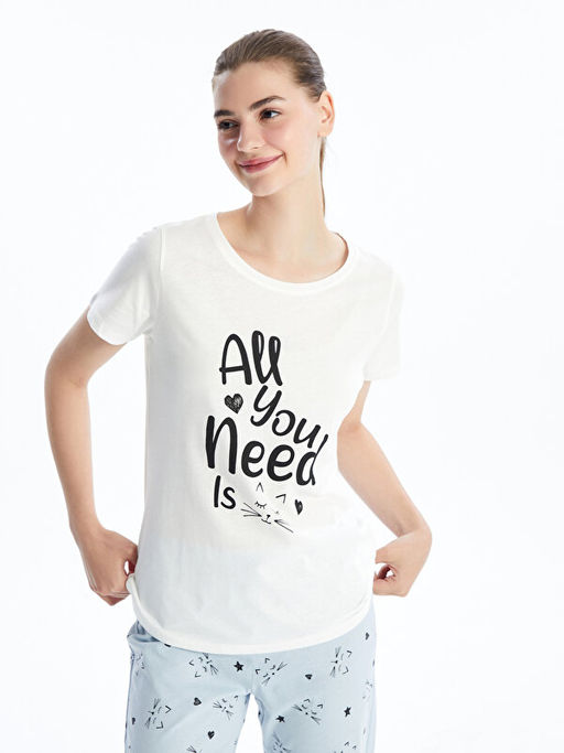 Bisiklet Yaka Bask?l? K?sa Kollu Kad?n Pijama Tak?m?