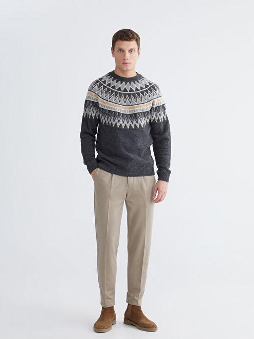 Bisiklet Yaka Desenli Erkek Triko Kazak