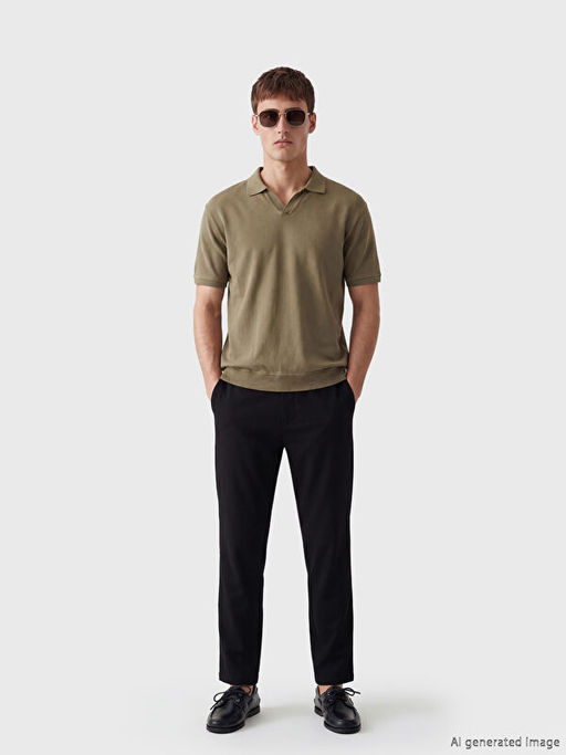 Regular Fit Keten G?r?n?ml? Erkek Pantolon
