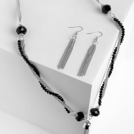Набор 2 предмета: серьги, бусы Унисон накрученность, чёрный в серебре, 60 см