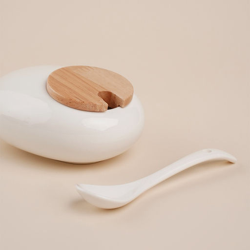 Банки для сыпучих SL Home «Тренто», 150 мл, набор 3 шт., с ложками, на деревянной подставке, фарфор, белые