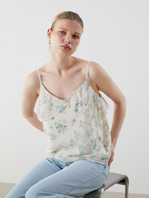 V Yaka ?i?ekli Ask?l? F?rf?rl? Bluz