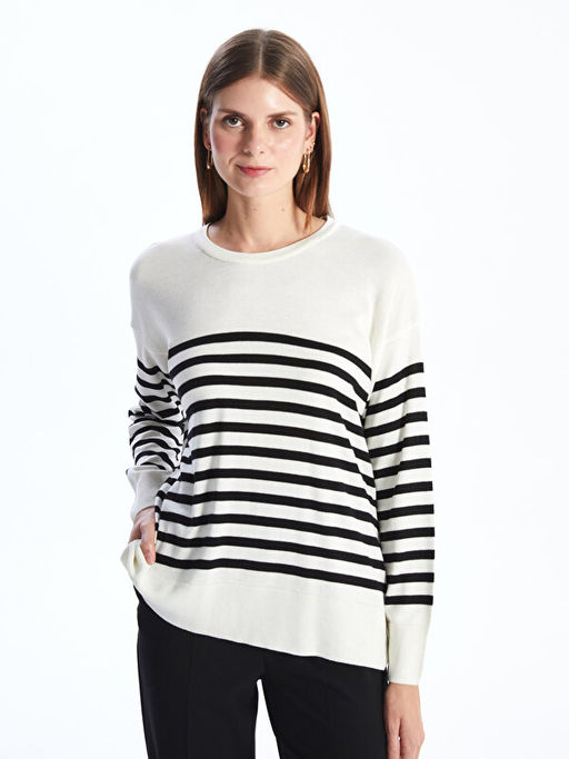 Bisiklet Yaka ?izgili Uzun Kollu Oversize Kad?n Triko Kazak - Waikiki фото 2