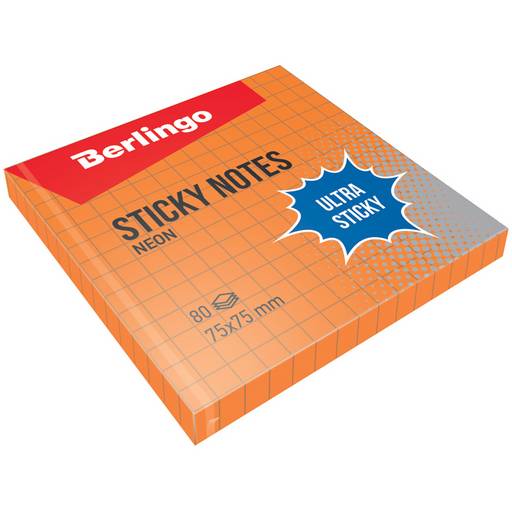 Блок самоклеящийся Berlingo "Ultra Sticky" 75*75мм 80л., в клетку, неоновый, оранжевый (LSn_39714, )