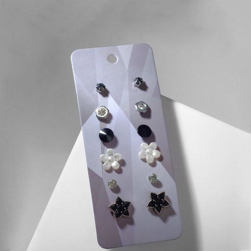 Цена за 2 шт. Серьги пусеты QF Романтика, 6 пар, цветочки, чёрно-белый в серебре фото 2