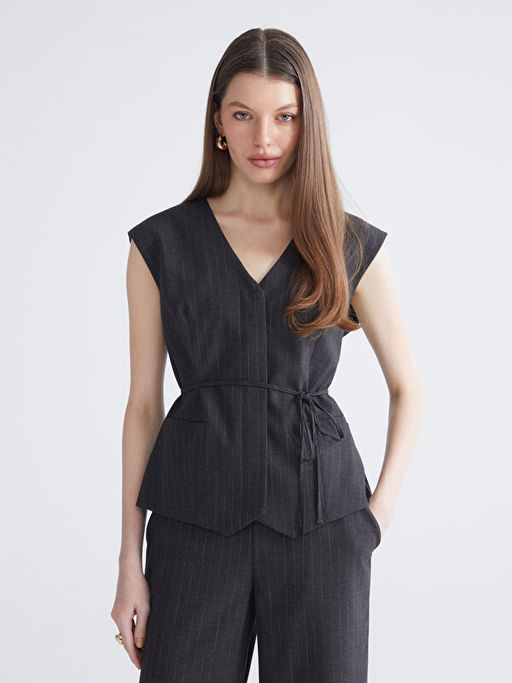 V Yaka ?izgili Kad?n Klasik Yelek