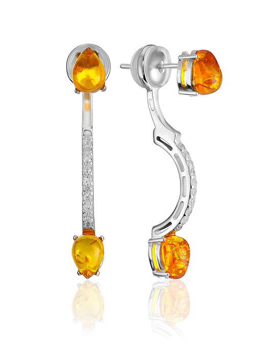 Утончённые серьги-гвоздики Ренессанс с янтарём золотистого оттенка и фианитами