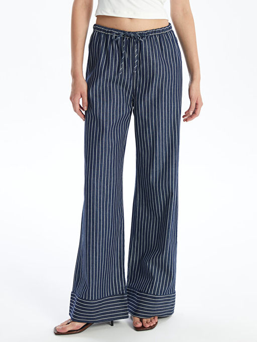 Beli Lastikli ?izgili Straight Fit Kad?n Jean Pantolon