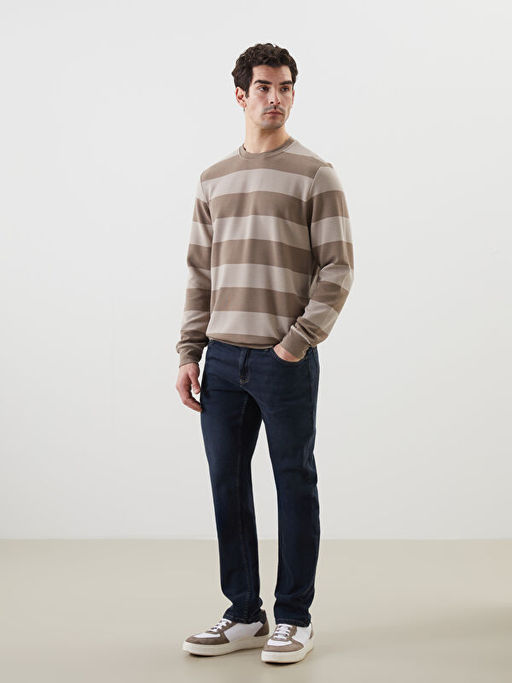 Bisiklet Yaka Uzun Kollu ?izgili Erkek Sweatshirt