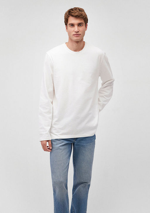 Beyaz Uzun Kollu Basic Tisort - Mavi фото 2