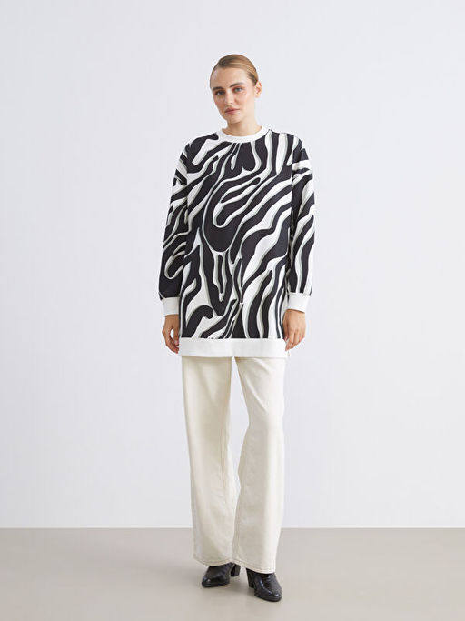 B?y?k Beden Bisiklet Yaka Desenli Kad?n Sweatshirt Tunik