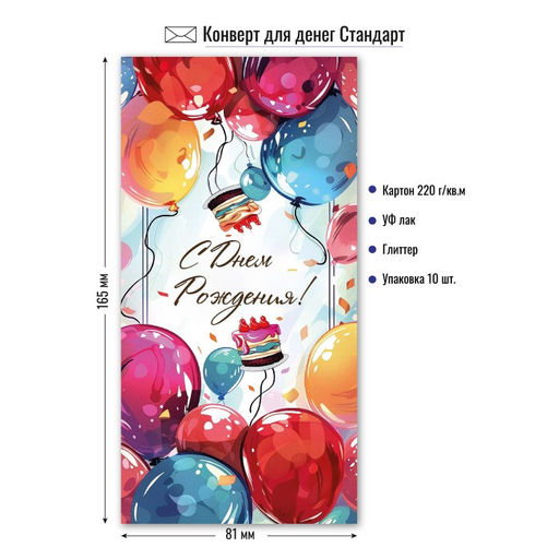 Цена за 5 шт. Конверт для денег "С Днем Рождения!" (9175) уф-лак, блестки
