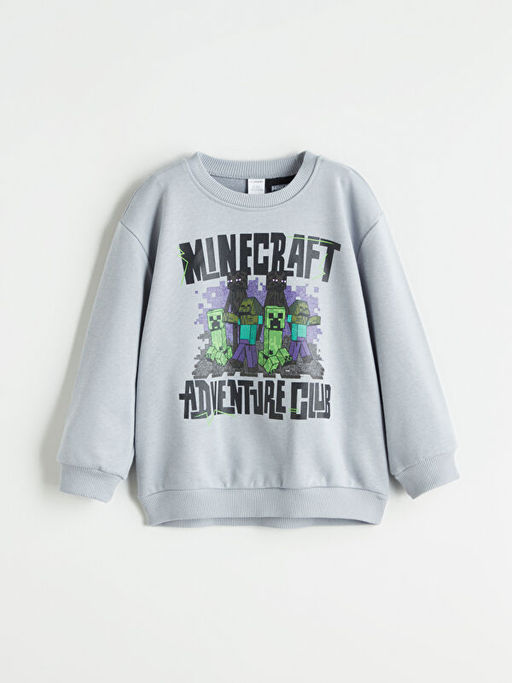 Bisiklet Yaka Minecraft Bask?l? Erkek ?ocuk Sweatshirt