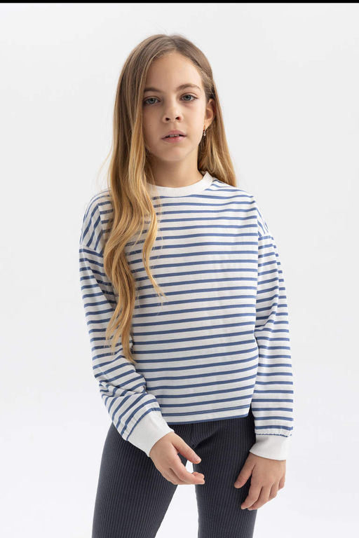 Полосатая футболка с длинными рукавами из чесаного хлопка с круглым вырезом для девочек - Defacto фото 3