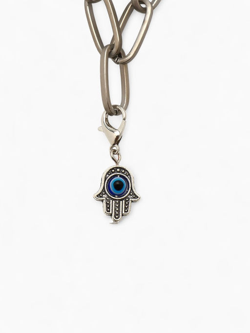 Цена за 5 шт. Шарм для браслета на карабине «Оберег рука Хамса», синий в серебре