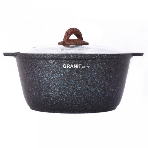 Кастрюля с антипригарным покрытием 5л, д28см "Granit Ultra", h12см, толщина дна 0,6см, стеклянная жаропрочная крышка, цельнолитая ручка из термостойкого пластика, голубой гранит, "Kukmara" (Россия) - можно использовать металлические кухонные принадле