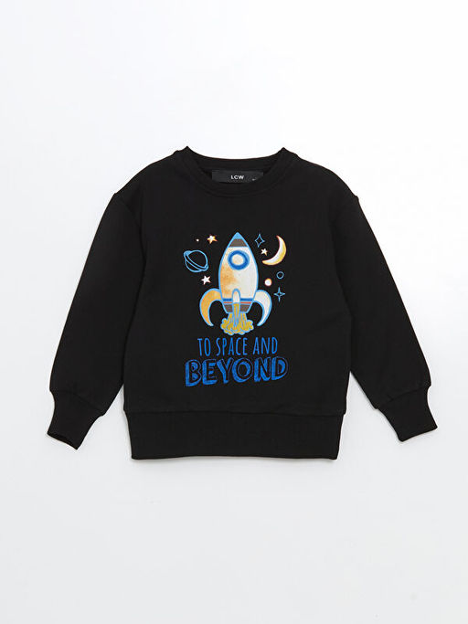 Bisiklet Yaka Bask?l? Erkek Bebek Sweatshirt