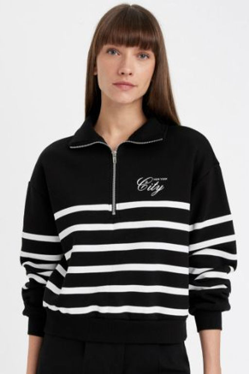 Regular Fit Yar?m Fermuarl? Dik Yaka Cizgili Kal?n Sweatshirt