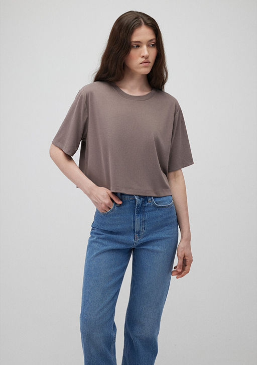 Lux Touch TENCEL TM Kahverengi Basic Crop Tisort - Mavi фото 2