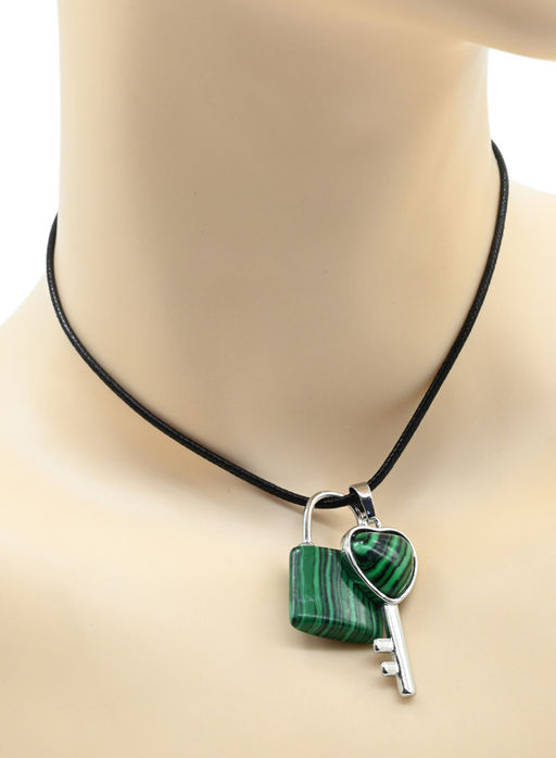 Парная подвеска Ключ - Замок 17*38мм, 20*32мм с малахитом искусственным