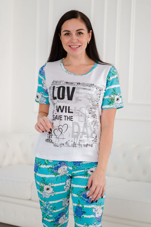 Пижама женская домашний из футболки и бридж LOVE маки на ментоле - Амадэль фото 8