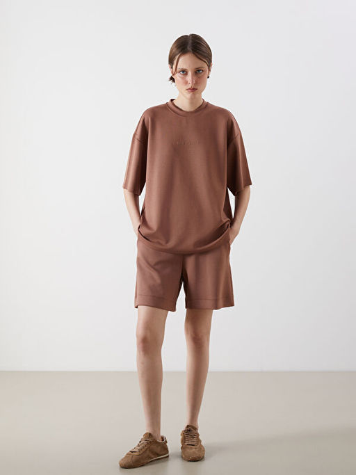 Bisiklet Yaka Bask?l? Oversize Kad?n Ti??rt