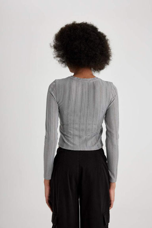 Приталенная футболка с длинным рукавом и круглым вырезом - Defacto фото 9