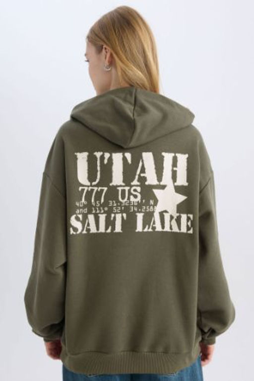 Coool Oversize Genis Kal?p Kapusonlu S?rt Bask?l? Kal?n Sweatshirt