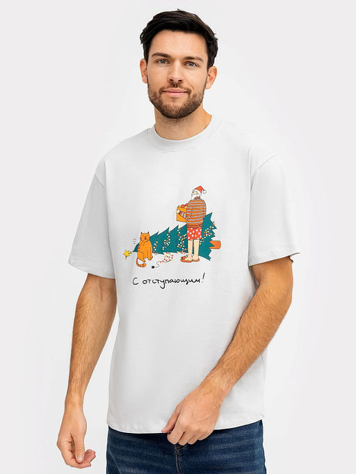 Футболка мужская новогодняя в сером оттенке с печатью