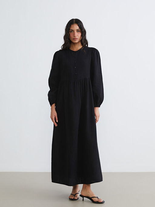 Bisiklet Yaka Balon Kollu M?slin Elbise