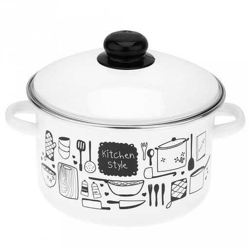 "Kitchen" Кастрюля эмалированная 3л, цилиндрическая форма, металлическая крышка, ободок из нержавеющей стали, белый (Россия)