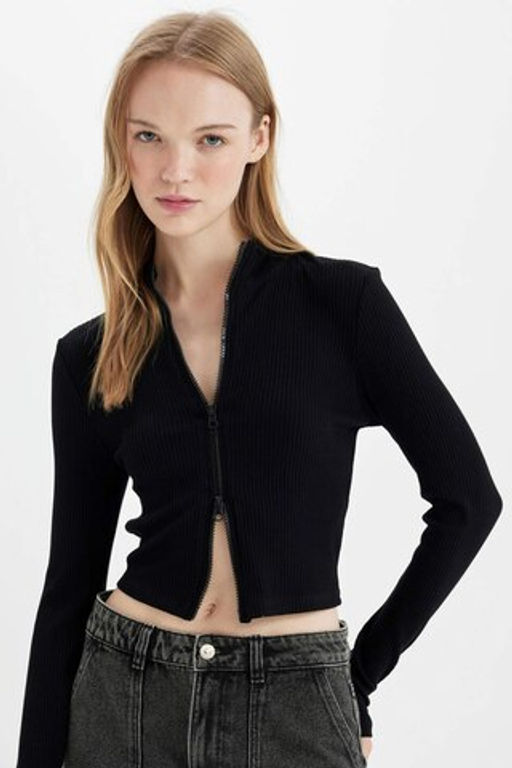 Fitted Dik Yaka Basic Duz Fermuarl? Fitilli Kaskorse Crop K?rm?z? H?rka - Defacto фото 2