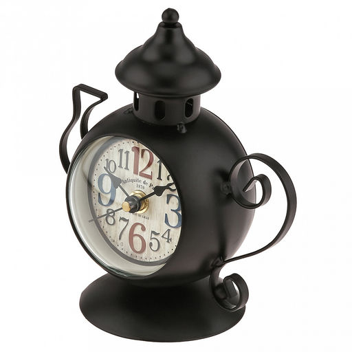 Часы настольные интерьерные "Чайник" 13,5х8х16см, мягкий ход, циферблат с рисунком, бежевый; цифры арабские, черный; выпуклое стекло; элементы металл, корпус пластик, черный матовый; в коробке (Китай)