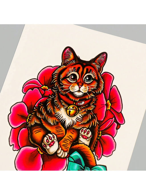 Цена за 2 шт. Переводная тату на тело цветная Котик с бубенцом, 26.1?14.6 см