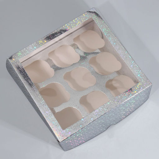 Цена за 5 шт. Коробка для капкейков, кондитерская упаковка с окном, 9 ячеек «Звёздочки», 25×25×10 см